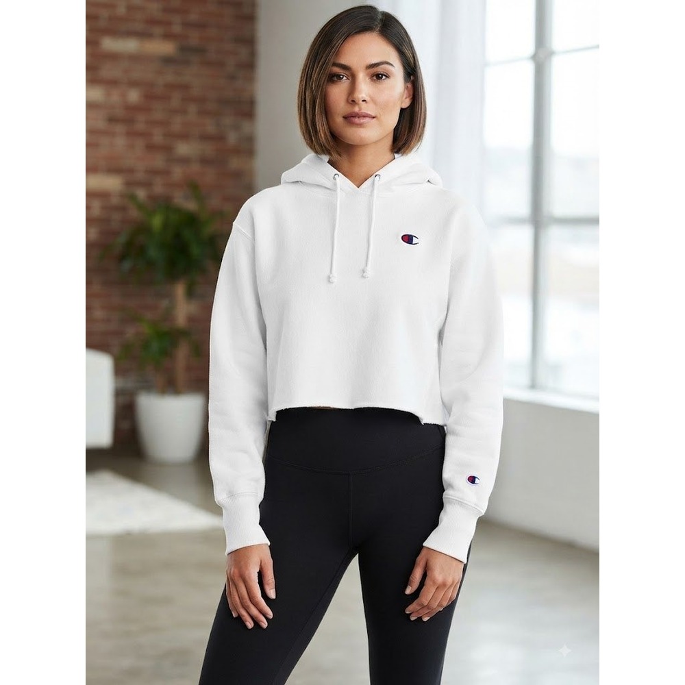 Champion Reverse Weave Cropped Hoodie White Embroidered C Logo Sz L